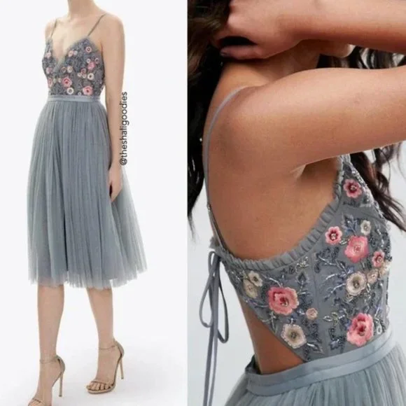 Needle & Thread Whisper Embroidered Tulle Midi Dress, Size 0 - Picture 3 of 12